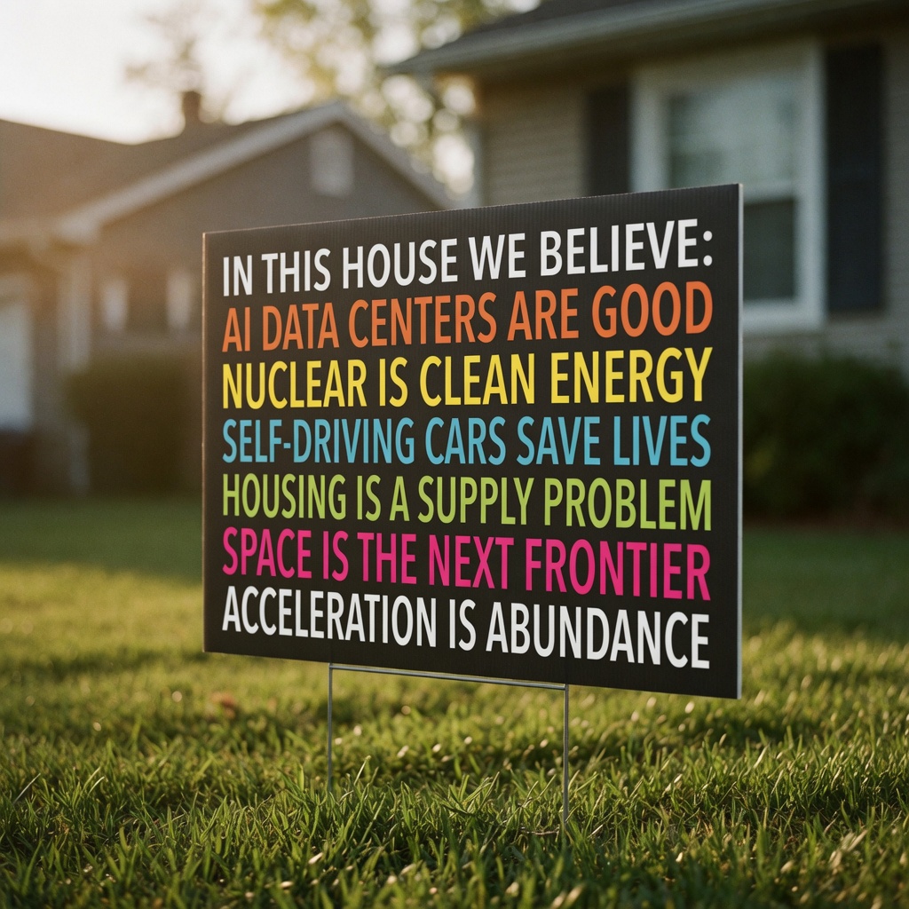 Abundance Club Yard Sign: In this house we believe AI data centers are good, nuclear is clean energy, self-driving cars save lives, housing is a supply problem, space is the next frontier, acceleration is abundance.